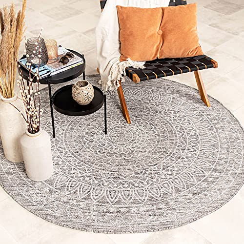 FRAAI | Home & Living In- & Outdoor Teppich Rund - Summer Azteca Hellgrau - Wetterfest - Polypropylen - Flachgewebe - Balkon, Garten/Terrasse - Terrasse - Rug