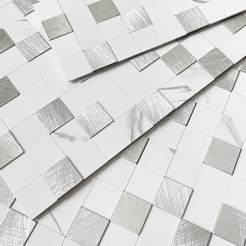 BeNice Selbstklebende Mosaik Fliesenaufkleber,3d Wandfliesen Fliesen Klebefliesen Bad Küche Paneele Wandpaneele(5 Blatt,Weiß)