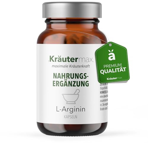 NEU! Kräutermax L-Arginin Kapseln | 400 mg Aminosäure pro Kapsel | Vegan & Gelatinefrei, Ohne Farbstoffe | Nahrungsergänzung für Muskelaufbau und Durchblutung | Premiumqualität | 1 x 90 Stück