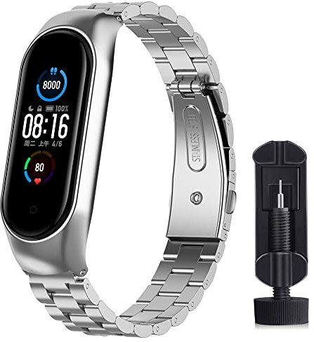 ACTECH Cinturino Compatibile per Xiaomi Mi Band 5/Xiaomi Mi Band 6/6 NFC Cinturini, Metallo in Acciaio Inossidabile Bracciale di Ricambio (Argento)
