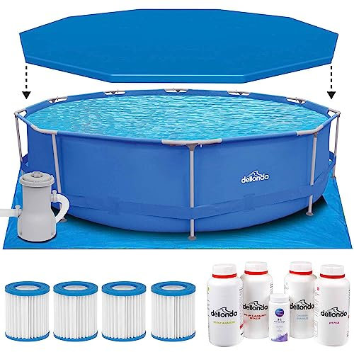 Dellonda 12ft Steel Frame Swimming Pool Round with Accessories, Blue - DL138