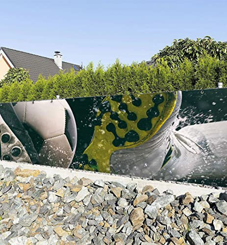 MyMaxxi Zaunbanner Sichtschutz ? Fußball Spiel auf Rasen - Abdeckung für Terrasse Zaun - Windschutz Sonnenschutz Blickdicht - Zaunverkleidung wetterfest -