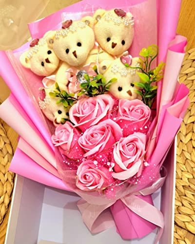 Romantic Gift for Her Rose Flower Teddy Bear Bouquet Mum Frien Loved one (Pink)