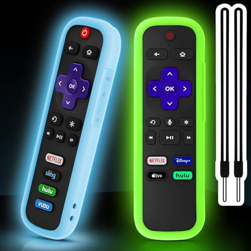 2 Pack Remote Cover for Roku, Battery Cover for TCL Roku Smart TV Steaming Stick Remote, Silicone Protective Case Universal Sleeve Skin Glow in The Dark Green Blue with Lanyards