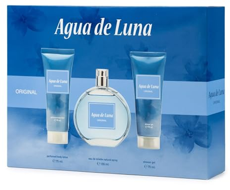 AGUA DE LUNA - Original Colonia 100 ml + Gel de Baño 75 ml + Loción Corporal 75 ml, Estuche de Regalo Mujer, Eau de Toilette Natural y Femenina, Aroma Floral, Fragancia Fresca y de Larga Duración