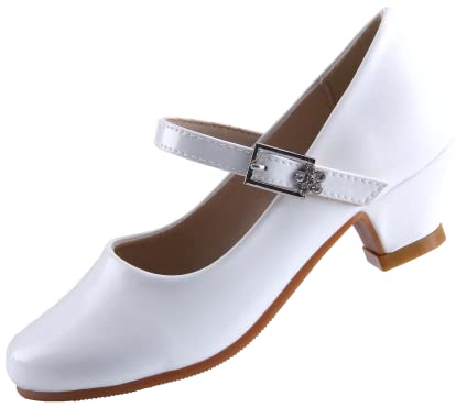 EIGHT KM Scarpe con Tacco per Ragazze Mary Jane Eleganti Principessa Décolleté da Matrimonio EKM7015 Pelle Verniciata Bianco Taglia EU 35