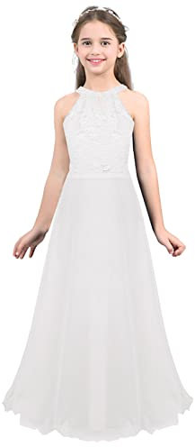 Mufeng Robe Longue Dentelle Fille Robe Mariage Soirée Communion Fête Anniversaire Baptême Costume Princesse pour Enfant 4-16 Ans Blanc 12 Ans