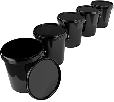 5X Eimer mit Deckel 16 Liter Schwarz - lebensmittelecht luftdicht und stabil, Leer Eimer mit Griff und Verschluss Deckel für Lebensmittel Chemie Wand Farbe Waschpulver Klebstoffe geeignet