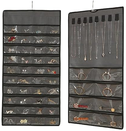 AITUOSI Organizer per gioielli su entrambi i lati da appendere con ganci in metallo, 48 tasche e 8 cordini per collane, rotolo di gioielli per orecchini, collane, anelli su armadio, parete, porta