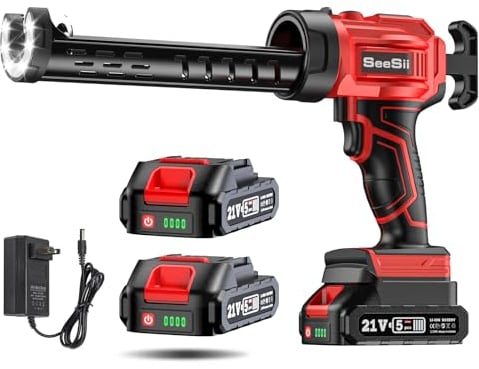 SEESII Silicone Sealant Gun with 2-Batteries, 21V Electric Caulking Gun with Built-in LED Light, 4 Adjustable Speeds for Filling and Sealing