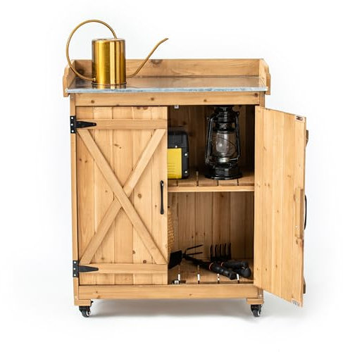 TAKUKA Outdoor Wooden Potting Bench with Wheel Double Doors & Metal Tabletop, Outside Storage Cabinet & Horticultural Planting Work Table for Garden Balcony Backyard