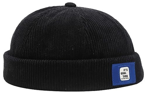 Corduroy Docker Cap Ohne Schirm Casual Herrenmütze Seemannsmütze Hafenmütze Brimless Cap Verstellbar (Schwarz)