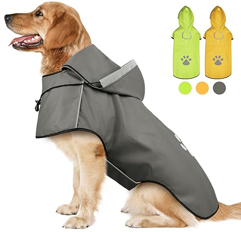 Hunde Regenjacke Reflektierender, Regenmantel Hund Wasserdicht, Hunderegenmantel mit Kapuze, Verstellbarer Regenjacken für Klein Mittelgroße Groß Hunde, Regencape Hund für Spaziergänge, zum Spielen, L