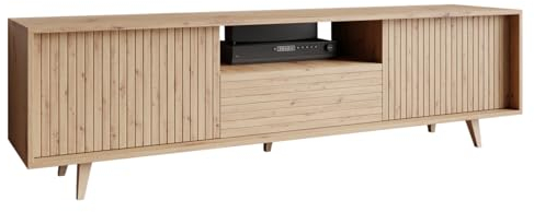 Mirjan24 TV Lowboard Ferido 2K1SZ mit 1 Schublade, 2 Klappen und 1 offenes Fach, gefräster Front, Fernsehschrank, TV Schrank, Fernsehtisch, TV Tisch, Unterschrank, TV Board (Eiche Artisan)