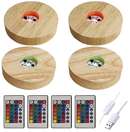 Lot de 4 veilleuses en bois, 16 couleurs, base de lampe USB pour cristaux, verre, résine, art, lumières LED colorées avec télécommande (ronde)