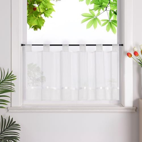 HeichkelL Scheibengardine, Leinenoptik Gardine, Weiß HxB 90x110 cm | Küchengardine mit Schlaufen, Halbtransparent Bistrogardine, Landhausstil Kurzstores