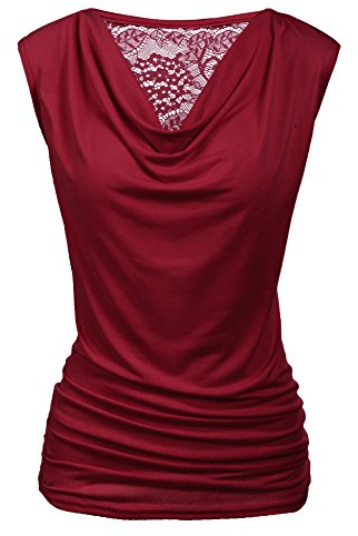 Zeagoo Ladies Vest Tops Cowl Neck Tank Tops Sleeveless Shirts Pleated Tops V-Neck Blouse Casual Tunic Wine red M