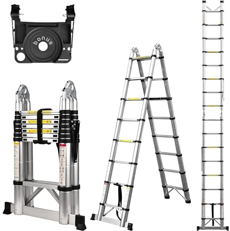 Soctone Telescoping Ladder A Frame, 16.5 Ft Compact Aluminum Extension Ladder, Portable Telescopic RV Ladder for Outdoor Camper Trips Motorhome with Tool Platform and Stabilizer Bar, 330 lb