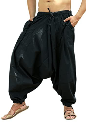 Sarjana Mens Womens Unisex Cotton Harem Pants Genie Baggy Drop Crotch Trouser Yoga Pants (UK, Alpha, One Size, Regular, Regular, Black1)