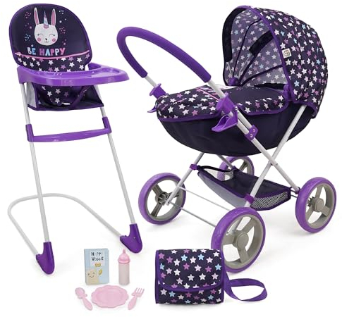 509 Crew Doll Pram n Feed 8 Piece Combo Play Set, Classic Doll Pram, Doll High Chair, Diaper Bag, 5 Piece Feeding Toys, for Dolls 46cm, Pretend Play for Kids Ages 3+ (Bunnicorn)