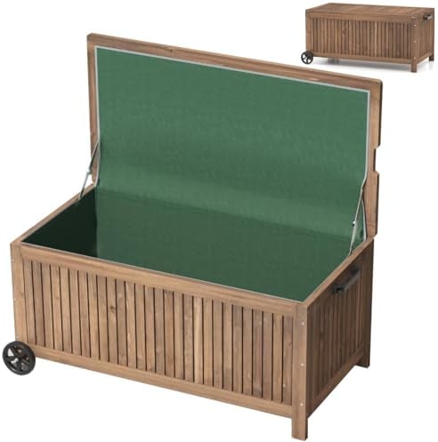 TANGZON 207L Wood Deck Box, Fir Wood Patio Storage Bench with Removable Waterproof PE Liner, Outdoor Storage Box with Wheels for Tools, Toys, Pillows and Sports Equipment