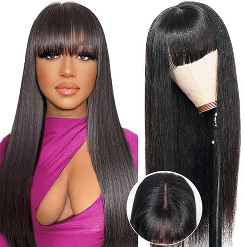 Perücke Damen Straight Human Hair Wig With Bangs, 2x4 Lace Front Wear And Go Glueless Wig Human Hair For Black Women, Echthaar Perücke Schwarz Mit Pony 180% Dichte 24 Zoll