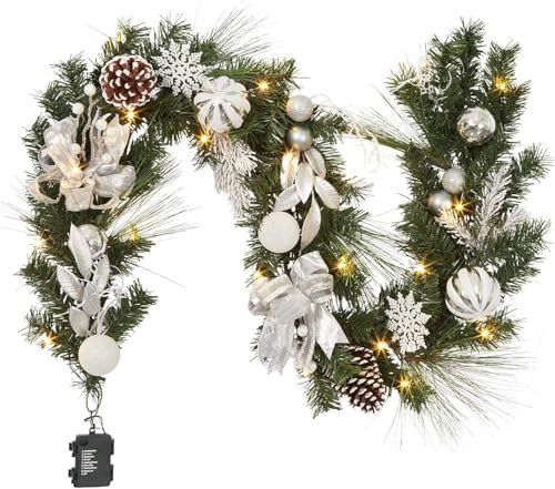Lintimes Christmas Garland With 20 Led Lights, 6 Ft Pre-Lit Silver Xmas Garland With Bow Baubles Pine Cones Berries and Timer, Battery Operated Lighted Wreath for Door Fireplace Stairs Table Decor