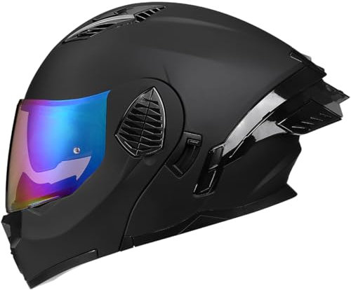 Woljay Casco Da Motociclista Casco Integrale Flip Up Doppia Visiera Integrato Moto Per Adulti Uomini Donne Street Racing Ciclomotore Approvato DOT/ECE (Matte Black-Blue Transparent Visor,Small)