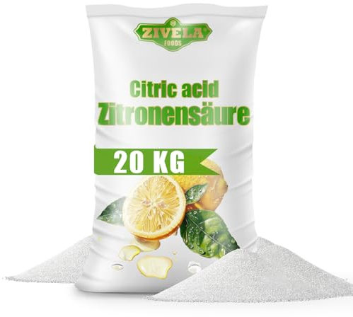 20 kg de ácido cítrico en polvo de calidad alimentaria, remedio casero para cocina y hogar, ácido cítrico 100% puro, ácido cítrico E330 (4 x 5 kg)