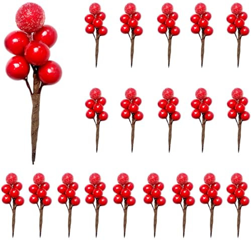 RXXR 20 pezzi Decorazione artificiale bacche finte Decor su filo per la decorazione dell'albero di Natale Corona di fiori DIY Craft Use
