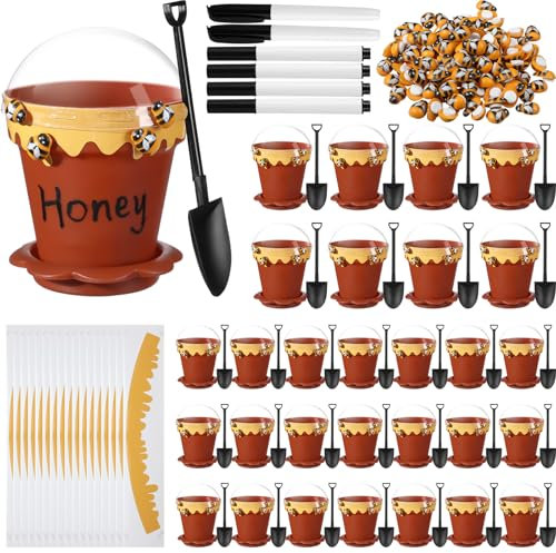 Jingmore 30 Sets Mini Honey Bee Pots with Lids, Spoon, Saucers and Bee Charms, 6.76 OZ Plastic Honey Jars for Cupcake Bee Themed Party Favor Planter Baby Shower 1st Birthday Wedding Party Decoration