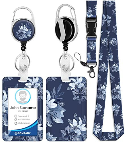 OffiEase Cordon rétractable avec porte-badge – Cordon robuste pour cordon tour de cou avec extension de sécurité – Bobine porte-clés extensible pour enfants, hommes et femmes (fleur bleue)