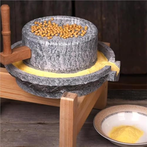 Stone Mill,Stone Grinder Handmade Stone Mill/Paste Mill/Grain Pulverizer, Manual Dry/Wet Mill Grinder with Wooden Frame