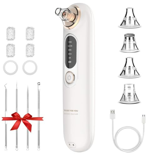 Mitesser-Staubsauger, Porenreiniger und Akne-Extraktor mit 5 Saugstufen und 4 austauschbaren Bürstenköpfen, USB-wiederaufladbarer Gesichtsreiniger für Männer und Frauen, Stru