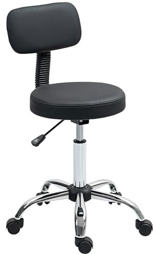 HOMCOM Taburete Giratorio Taburete con Ruedas y Respaldo con Altura Regulable 78-93 cm Asiento Tapizado de Cuero Sintético para Oficina Dormitorio Negro