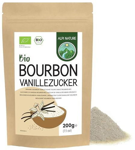 Alpi Nature Zucchero Vanigliato Bourbon BIO 200g, Premium Zucchero di Canna in Polvere e Grezzo con Baccelli di Vaniglia del Madagascar Tritati