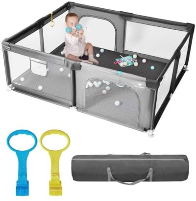derimkcoa Laufstall Baby mit Spielmatte,Laufgitter Baby,Kinderzaun mit Atmungsaktivem Netz,Tragbarer Laufstall für Drinnen und Draußen(150x180x66cm,Grau)