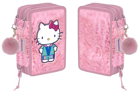 VARZI Trousse 3 zip Hello Kitty pour l'école : pratique, spacieux et coloré, idéal pour organiser vos stylos, crayons et accessoires scolaires, pour tous les amoureux de Hello kitty 1956, rose, 3