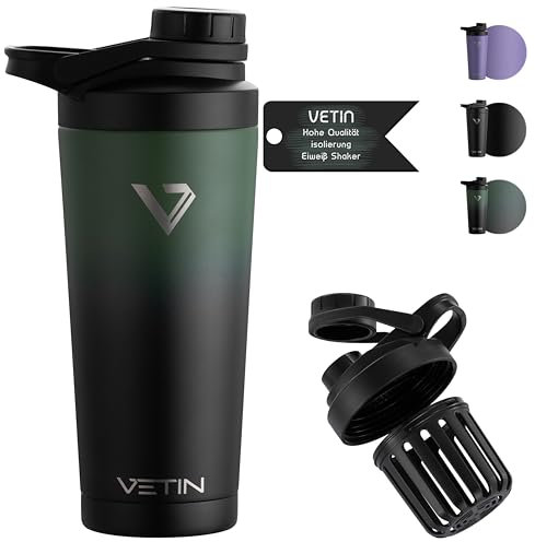 VETIN Thermo Protein Shaker 750 ml, Edelstahl Becher mit doppelwandiger Isolierung, Auslaufsicherer Eiweiß Shaker für Sport & Fitness