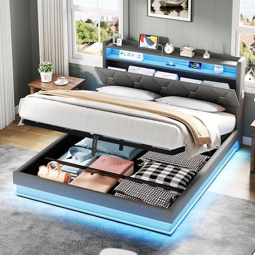 Upholstered Bed Frame with Hydraulic Lift & LED Concealed Storage Headboard, 4ft6 Double Bed Frame with LED Lighting & Charging Station, Linen Functional Ottoman Storage Beds, Grey, No Mattress