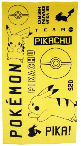 Aymax Pokémon Strandtuch für Kinder 70x140 cm – XL Badetuch aus 100% Baumwolle in leuchtendem Gelb mit Kult-Motiv – Weiches Duschtuch für Strand, Schwimmbad, Urlaub oder Badezimmer – Maschinenwasch