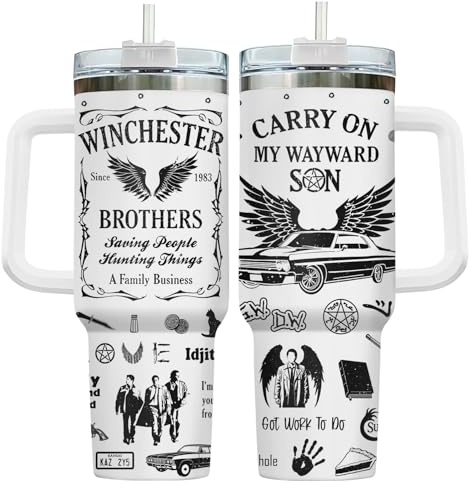 34HD Wayward Brothers Tumbler 40oz with Handle and Straw, Hunter Symbols Stainless Steel Insulated Travel Mug - Birthday Gifts for Fans of Paranormal TV, Vintage Car & Brotherhood