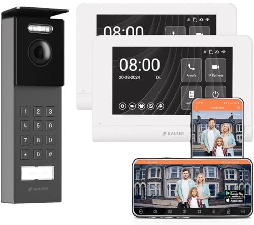 Nonic Balter ENTRI S Aufputz Video Türsprechanlage mit Kamera und Klingel, Gegensprechanlage Doorbell mit Türklingel und PIN Code, 2-Draht 2X 7 Zoll WiFi HD Monitor Smartphone App 1 Familienhaus Set