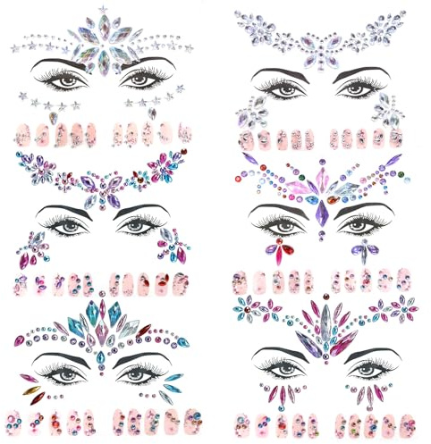 6 Pezzi Brillantini Viso, Strass Adesivi per Viso, Brillantini Adesivi di Gemme, Glitter Sticker Tatuaggio Temporaneo per Esibizione di Carnevale Celebrazione Festa Trucco