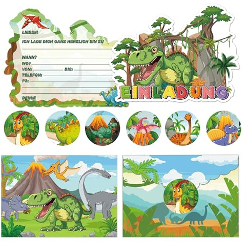 ROMANVIC Einladungskarten Kindergeburtstag Dinosaurier,12 Deutsche Einladungskarten,12 Umschläge,12 Aufkleber,Einladungen Geburtstag Junge Madchen,Partyeinladungen Einladungen Kinder