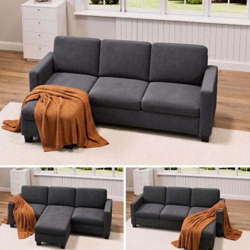Xbro Canapé d'angle 3 Places en L avec Chaise Longue Fixe, Canapé 3 Places Rembourrage en éponge Haute Résilience, Tissu en Velours Côtelé Doux, Gris Foncé