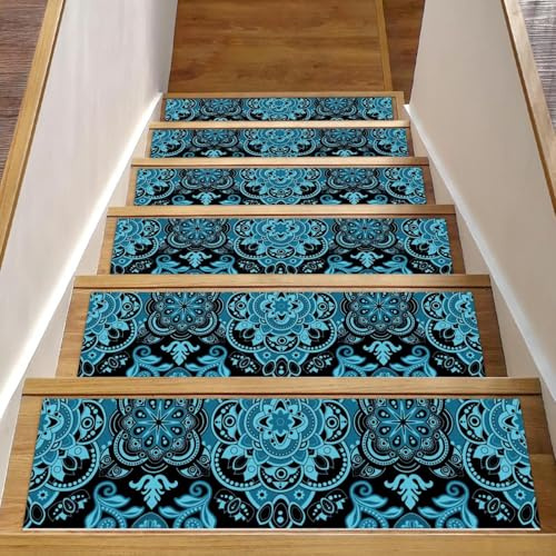 Eslifey Stufenmatten mit Mandala-Vintage-Blumenmuster, Boho-Muster, für Holzstufen, 15 Stück, 76,2 x 20,3 cm, rutschfest, für den Innenbereich, Treppenläufer für Hunde, Kinder, ältere Menschen, mit