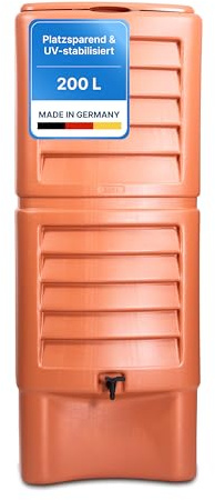 Hessentaler Container® Regentonne Terra 200L / Wandregentonne – Platzsparend & UV-stabilisiert – Mit Auslaufhahn, Deckel und Anschlussmöglichkeiten für Regenrinne und Fallrohr – 100% Made in Germany