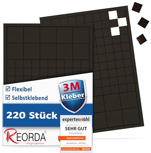Reorda Magnetplättchen selbstklebend (220 Stück) | Starker 3M-Kleber ermöglicht erstklassige Klebekraft | Vielseitige Flache Magnete zum basteln & schneiden | Ideal nutzbar für Schule & Büro