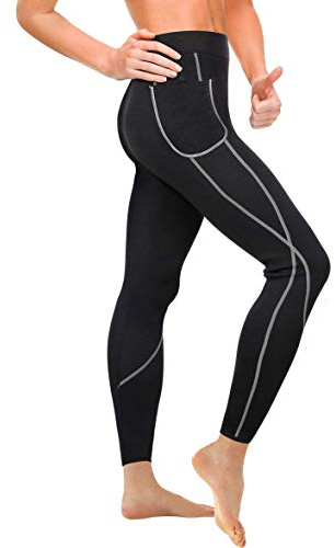 Gotoly Damen Neopren Sporthose Gewichtsverlust Sauna Hose Abnehmen Leggings Yoga Jogging Fitness Hot Thermo Sweat Gym Tights Wear Workout Body Shaper mit Taschen (L, Schwarz)